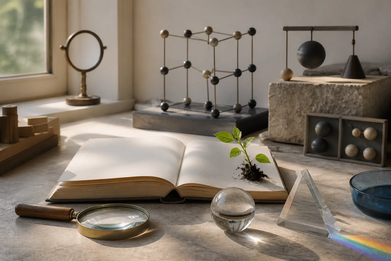 Open pages, optical glass and natural forms arranged for study
